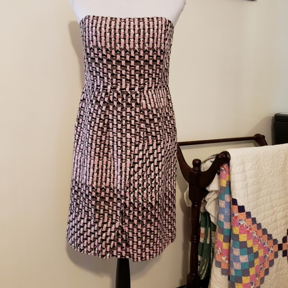 Banana Republic Strapless Dress Houndstooth Faux Wrap Mini Silk Y2K Prom Summer - Picture 5 of 13